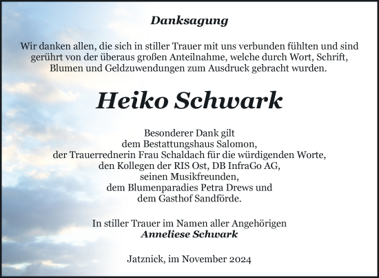 Traueranzeige von Heiko Schwark von Nordkurier Pasewalker Zeitung