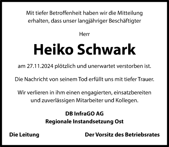 Traueranzeige von Heiko Schwark von WR Demmin; Meckl. Schweiz