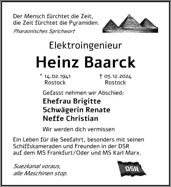 Traueranzeige von Heinz Baarck von Norddeutsche Neueste Nachrichten