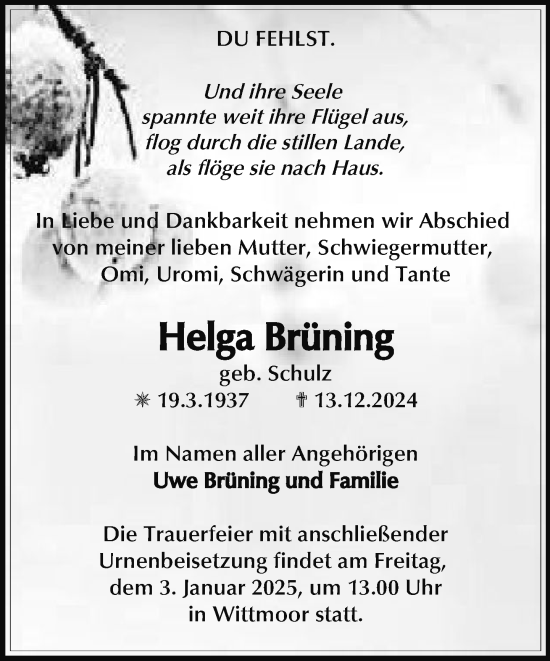 Traueranzeige von Helga Brüning von Der Prignitzer, Prignitz Express