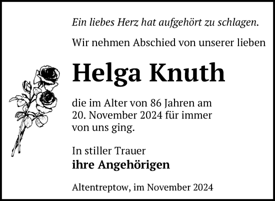 Traueranzeige von Helga Knuth von Nordkurier Neubrandenburger Zeitung