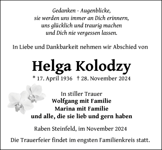 Traueranzeige von Helga Kolodzy von Zeitung für die Landeshauptstadt