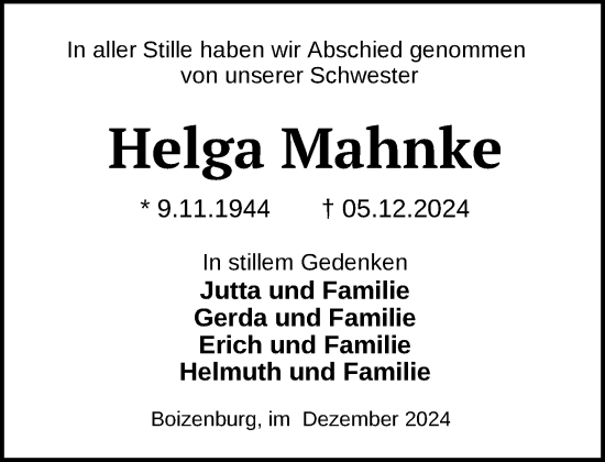 Traueranzeige von Helga Mahnke von Hagenower Kreisblatt