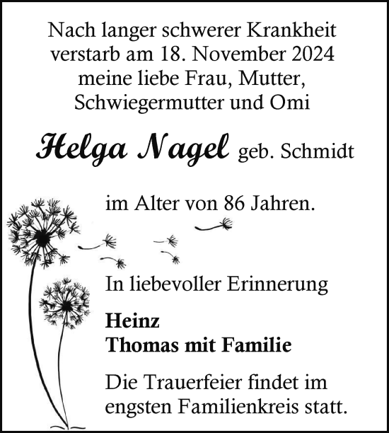 Traueranzeige von Helga Nagel von Nordkurier Müritz-Zeitung