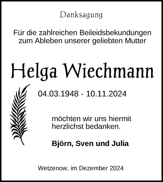 Traueranzeige von Helga Wiechmann von Nordkurier Pasewalker Zeitung