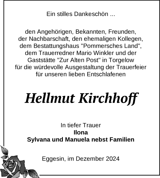 Traueranzeige von Hellmut Kirchhoff von Nordkurier Haff-Zeitung