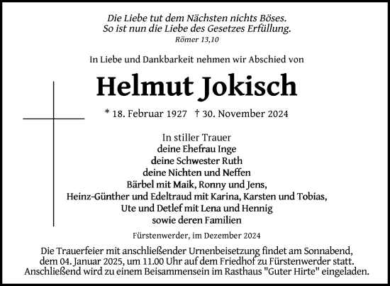 Traueranzeige von Helmut Jokisch von Uckermark Kurier Prenzlauer Zeitung