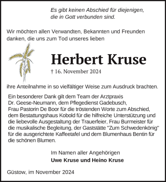 Traueranzeige von Herbert Kruse von Gadebusch - Rehnaer Zeitung