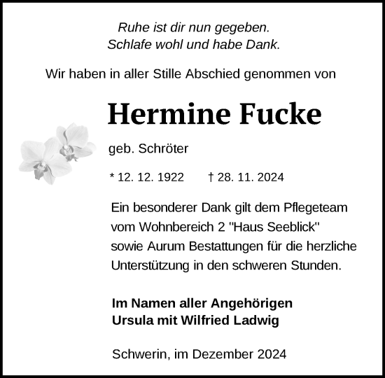 Traueranzeige von Hermine Fucke von Zeitung für die Landeshauptstadt