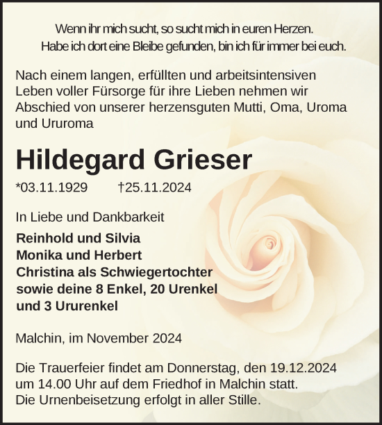 Traueranzeige von Hildegard Grieser von Nordkurier Mecklenburger Schweiz