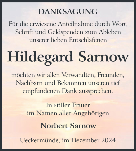 Traueranzeige von Hildegard Sarnow von Nordkurier Haff-Zeitung