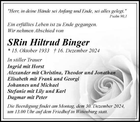 Traueranzeige von Hiltrud Binger von Hagenower Kreisblatt