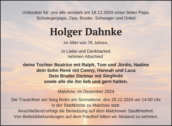 Traueranzeige von Holger Dahnke von Nordkurier Müritz-Zeitung