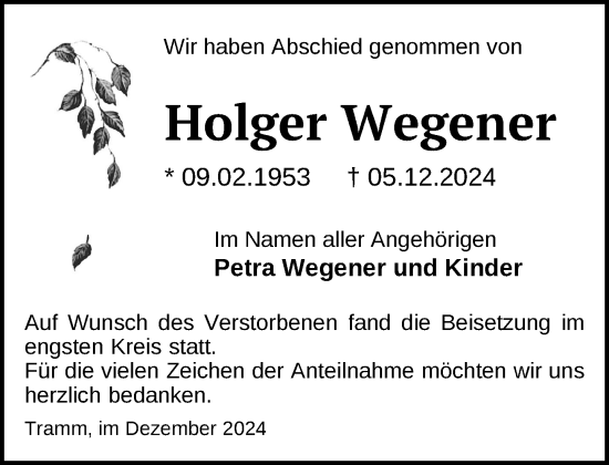 Traueranzeige von Holger Wegener von Zeitung für die Landeshauptstadt