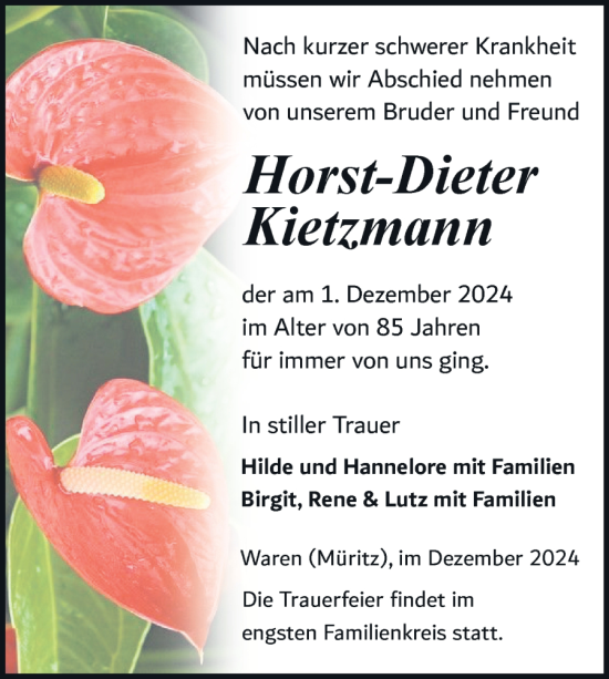 Traueranzeige von Horst-Dieter Kietzmann von Nordkurier Müritz-Zeitung