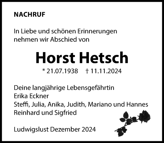 Traueranzeige von Horst Hetsch 