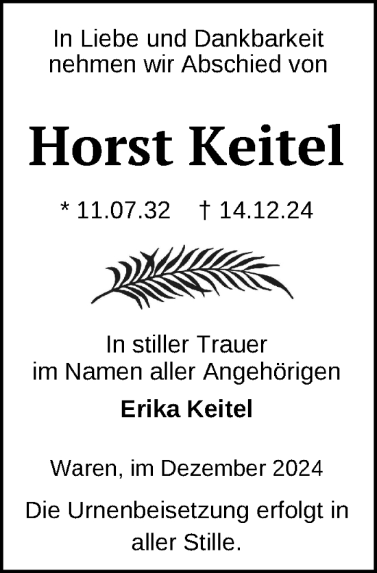 Traueranzeige von Horst Keitel von Nordkurier Müritz-Zeitung