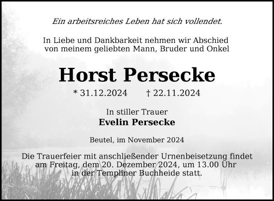 Traueranzeige von Horst Persecke von Uckermark Kurier Prenzlauer Zeitung