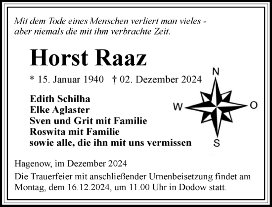 Traueranzeige von Horst Raaz von Hagenower Kreisblatt