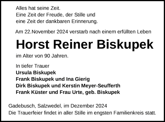 Traueranzeige von Horst Reiner Biskupek von Gadebusch - Rehnaer Zeitung