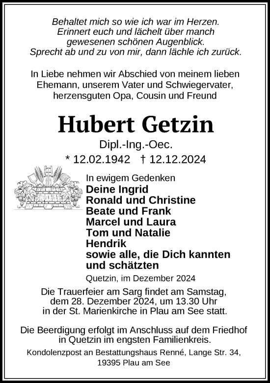 Traueranzeige von Hubert Getzin von Parchim und Lübz