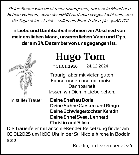 Traueranzeige von Hugo Tom von Nordkurier Mecklenburger Schweiz