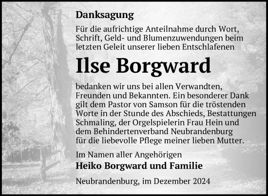 Traueranzeige von Ilse Borgward von Nordkurier Neubrandenburger Zeitung