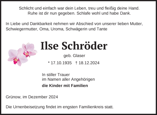 Traueranzeige von Ilse Schröder von Uckermark Kurier Prenzlauer Zeitung