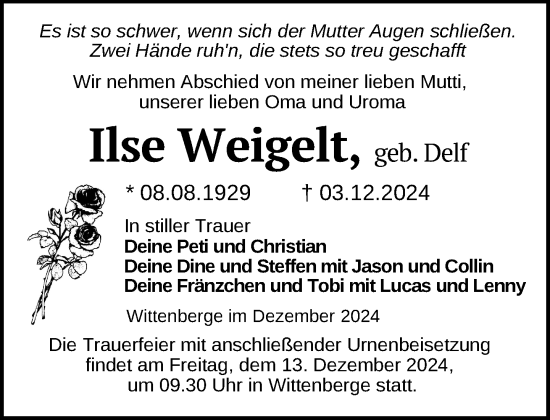 Traueranzeige von Ilse Weigelt von Der Prignitzer, Prignitz Express