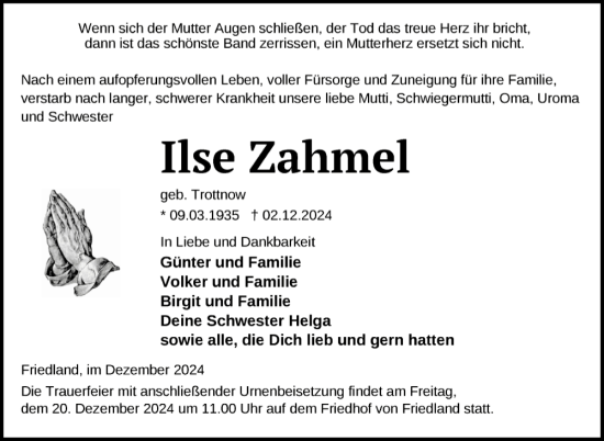 Traueranzeige von Ilse Zahmel von Nordkurier Neubrandenburger Zeitung