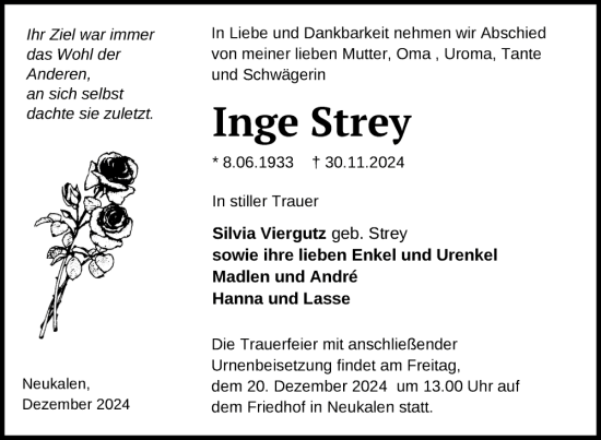 Traueranzeige von Inge Strey von Nordkurier Mecklenburger Schweiz