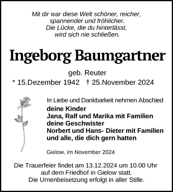 Traueranzeige von Ingeborg Baumgartner von Nordkurier Mecklenburger Schweiz