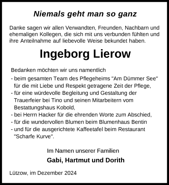 Traueranzeige von Ingeborg Lierow von Gadebusch - Rehnaer Zeitung