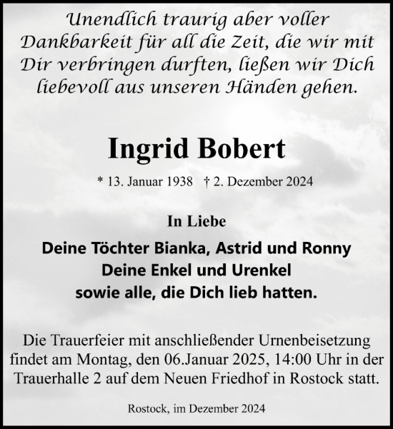 Traueranzeige von Ingrid Bobert von Norddeutsche Neueste Nachrichten