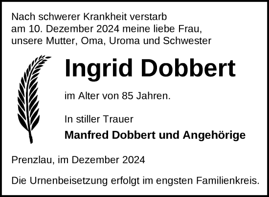 Traueranzeige von Ingrid Dobbert von Uckermark Kurier Prenzlauer Zeitung