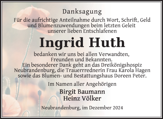 Traueranzeige von Ingrid Huth von Nordkurier Neubrandenburger Zeitung