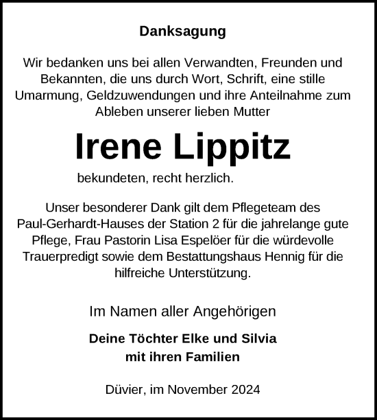 Traueranzeige von Irene Lippitz von Nordkurier Vorpommern Kurier