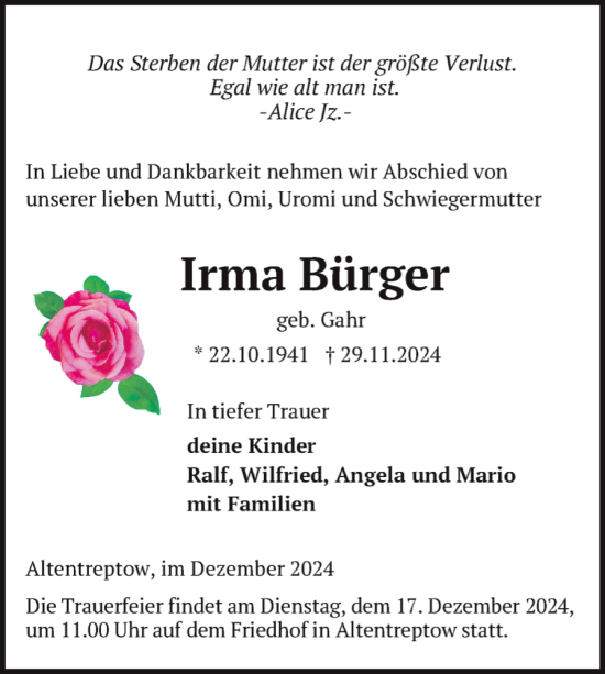 Traueranzeige von Irma Bürger von Nordkurier Neubrandenburger Zeitung