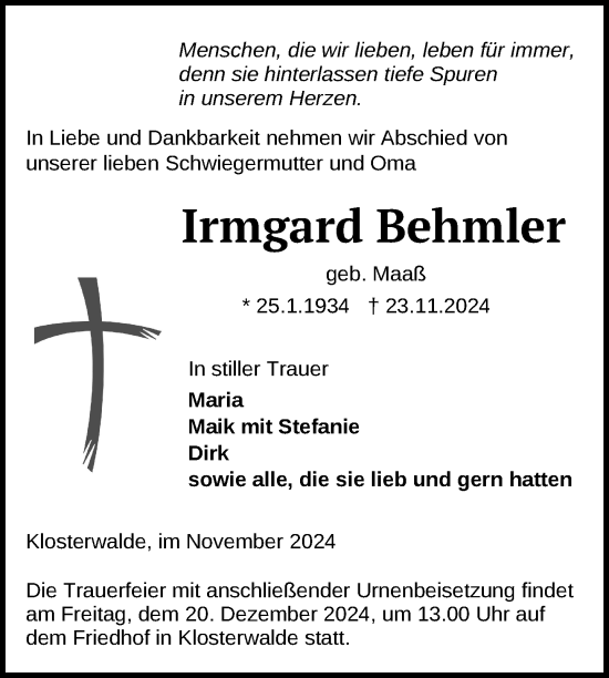 Traueranzeige von Irmgard Behmler von Uckermark Kurier Templiner Zeitung