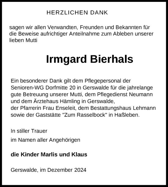 Traueranzeige von Irmgard Bierhals von Uckermark Kurier Prenzlauer Zeitung