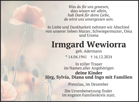 Traueranzeige von Irmgard Wewiorra von Uckermark Kurier Prenzlauer Zeitung