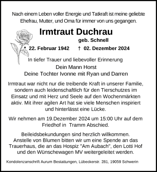 Traueranzeige von Irmtraut Duchrau von Zeitung für die Landeshauptstadt