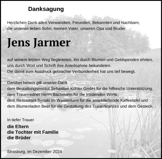 Traueranzeige von Jens Jarmer von Nordkurier Pasewalker Zeitung