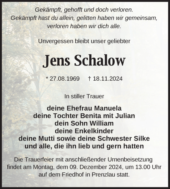 Traueranzeige von Jens Schalow von Uckermark Kurier Prenzlauer Zeitung