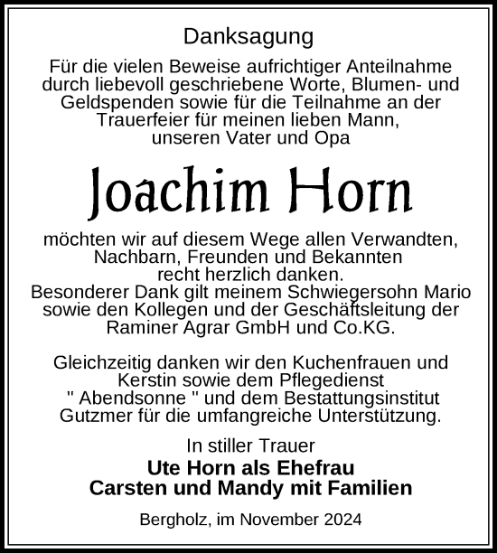 Traueranzeige von Joachim Horn von Nordkurier Pasewalker Zeitung