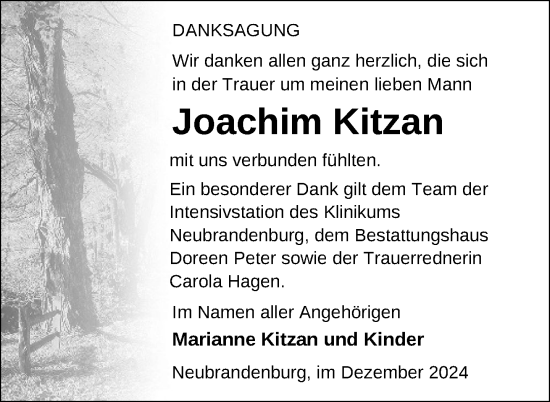 Traueranzeige von Joachim Kitzan von Nordkurier Neubrandenburger Zeitung