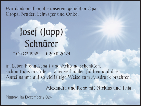 Traueranzeige von Josef Schnürer von Zeitung für die Landeshauptstadt