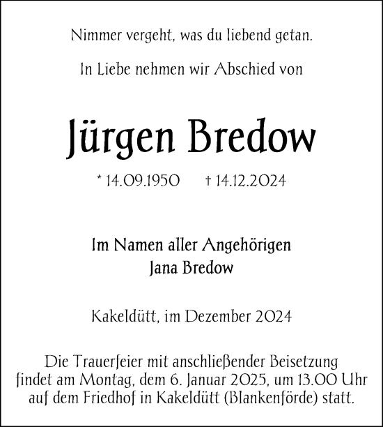 Traueranzeige von Jürgen Bredow von Nordkurier Strelitzer Zeitung