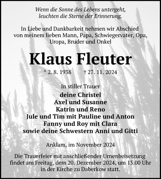 Traueranzeige von Klaus Fleuter von Nordkurier Neubrandenburger Zeitung