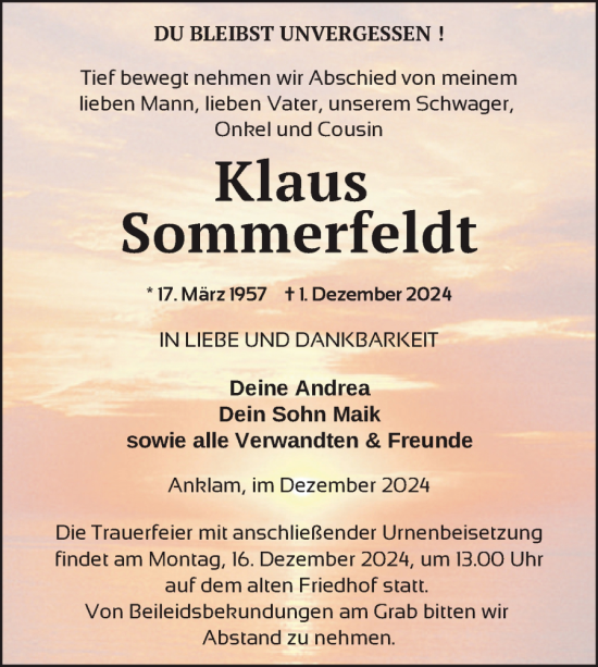 Traueranzeige von Klaus Sommerfeldt von Nordkurier Vorpommern Kurier